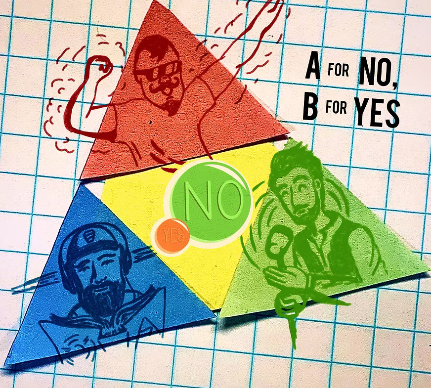 A for No, B for Yes podcast logo. A Triforce icon in red, blue, green, and yellow with cartoon drawings of the three show hosts.