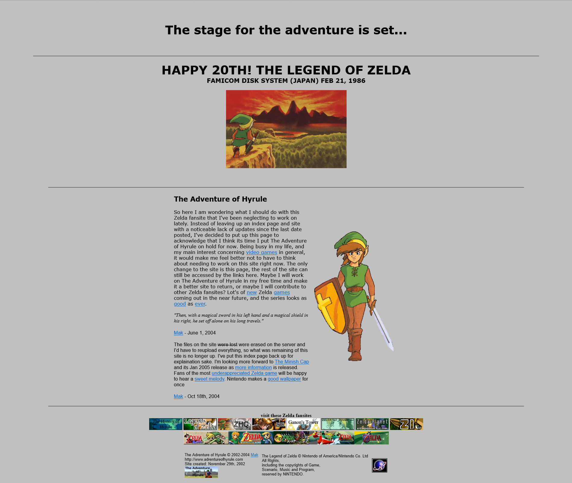 Adventures of Hyrule closure notice. A website with a gray background, an image of Link from The Adventure of Link, and a paragraph explaining the closure.