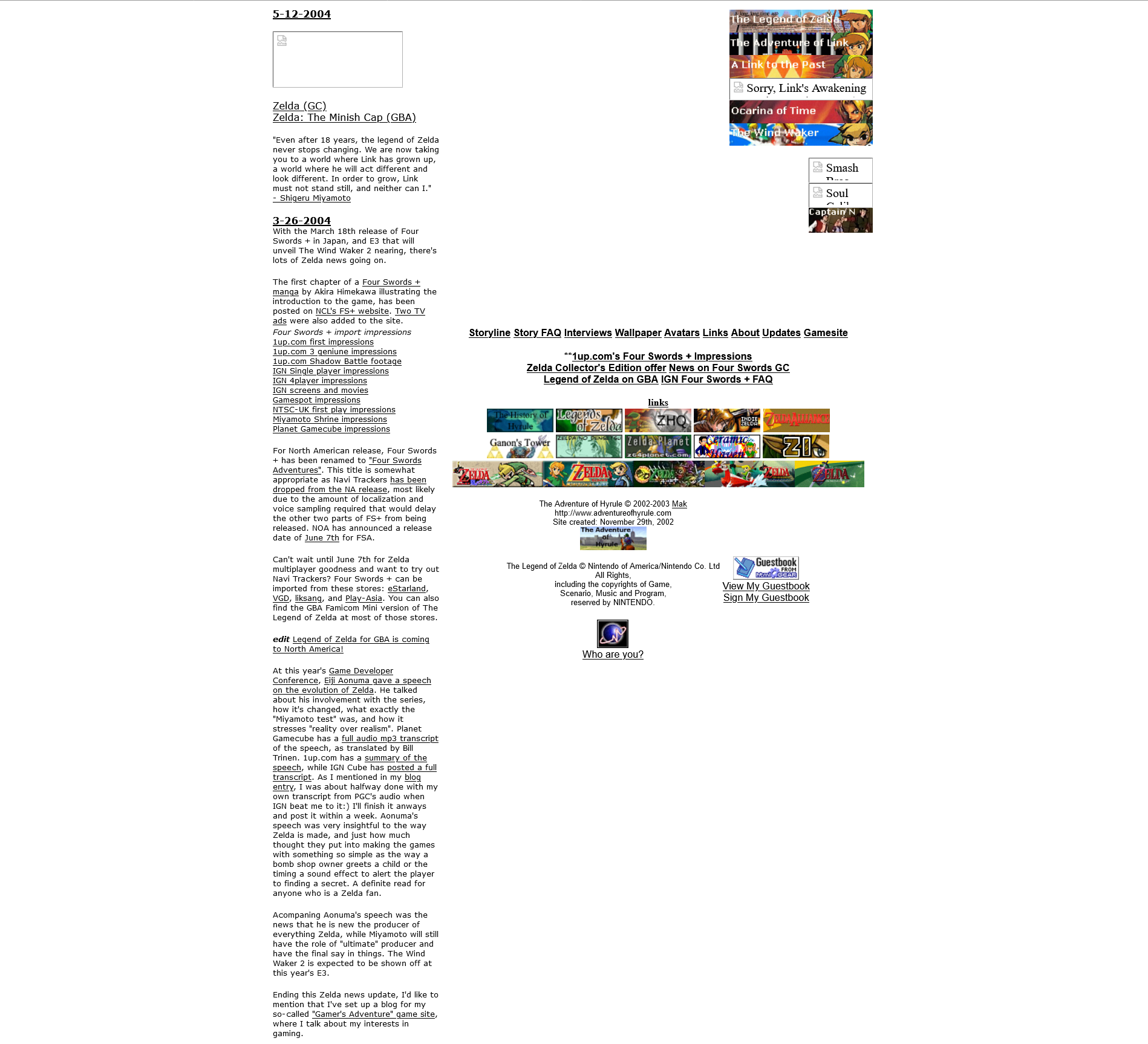 Adventures of Hyrule home page. A website with a white background, a single column of black text down the left side, and a few images on the right side.