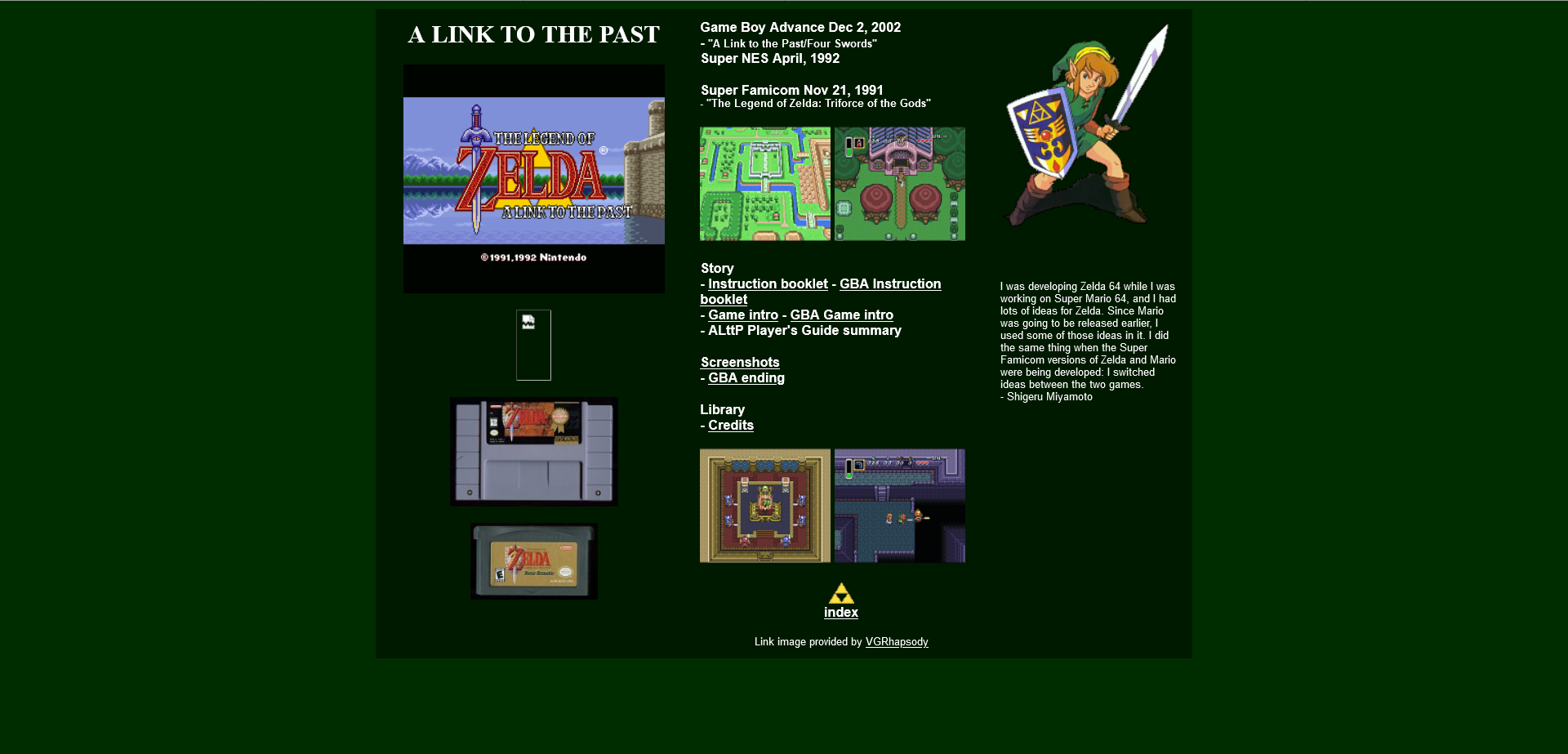 A Link to the Past game info page. A website with a green background, white text, and a few small game screenshots.