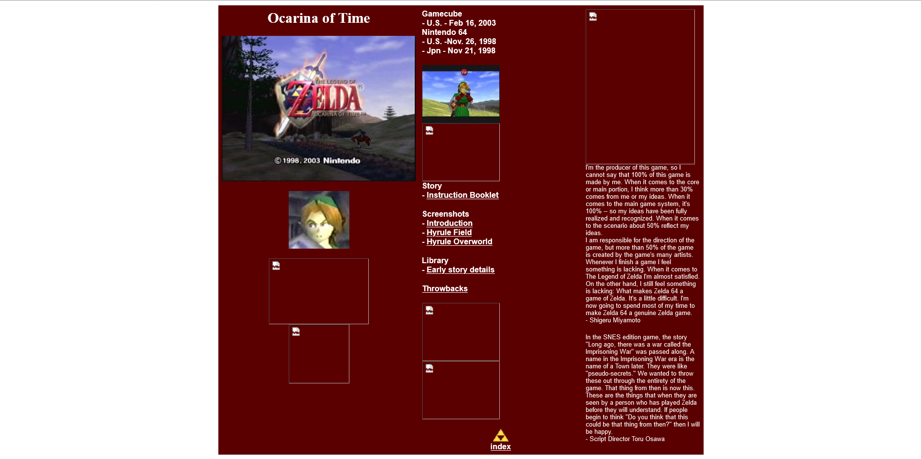 Ocarina of Time game info page. A website with a red background, white text, and a few small game screenshots.