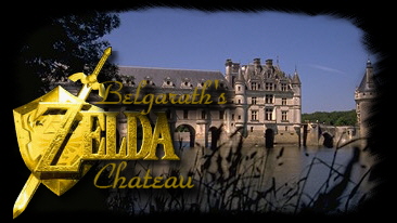 Belgarath's Zelda Chateau logo. A golden Zelda logo that has been customized and set against a photogrpah of a castle.