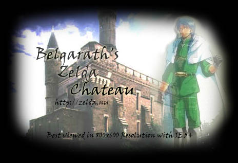 Belgarath's Zelda Chateau "welcome" image featuring a castle and anime style character wearing green.