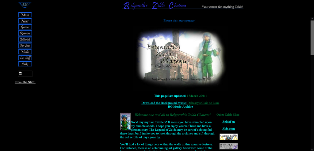 Screenshot of Belgarath's Zelda Chateau. The home page features a custom title image against a black background.