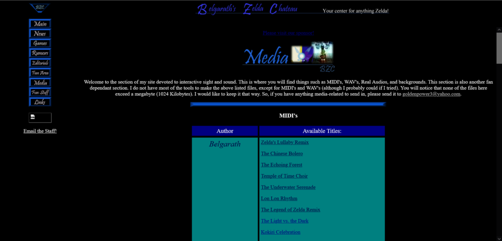 The media download page of Belgarath's Zelda Chateau. Features a list of music downloads.