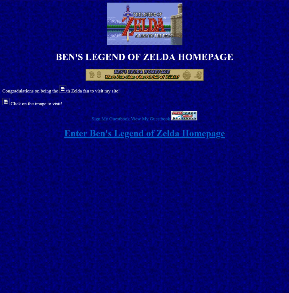 A website with a blue textured background and white text. Features a website title and link to enter the website.