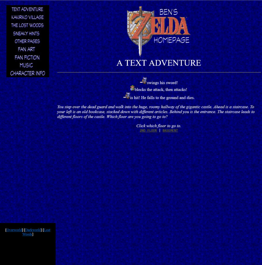 A website with a blue textured background and white text. Displays a text-based adventure game.