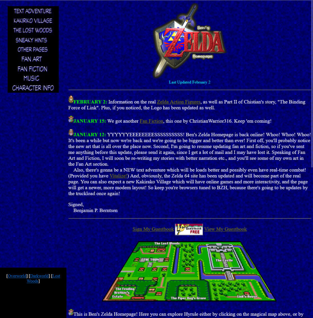 Ben's Zelda Homepage as it appeared a few weeks before the final updates. A website with a blue textured background and white text.