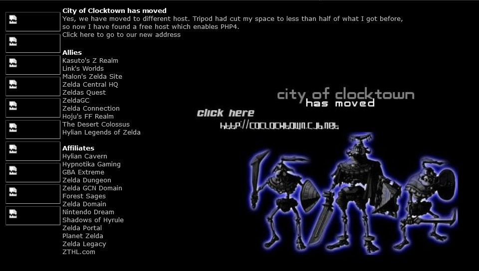 Screenshot of City of Clocktown notifying of site relocation.