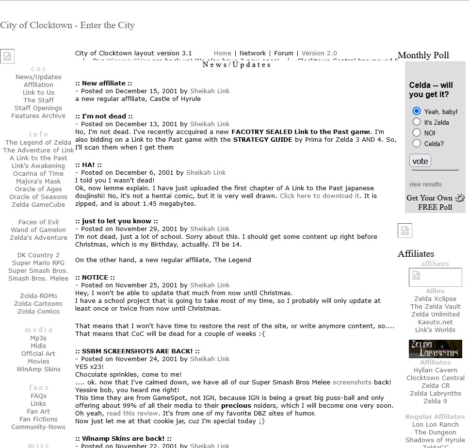 Screenshot of an archived copy of Version 3 of City of Clocktown. A website with a white background and two sidebars.