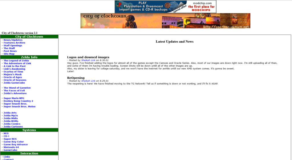 Screenshot of City of Clocktown. A website with a white background, black text, and blue hyperlinks. The website has a single sidebar on the left side.