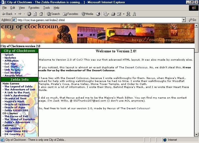 Screenshot of Version 2 of City of Clocktown. A website with a white background and a single sidebar on the left side.