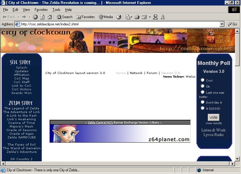 Screenshot of Version 3 of City of Clocktown. A website with 2 blue sidebars.