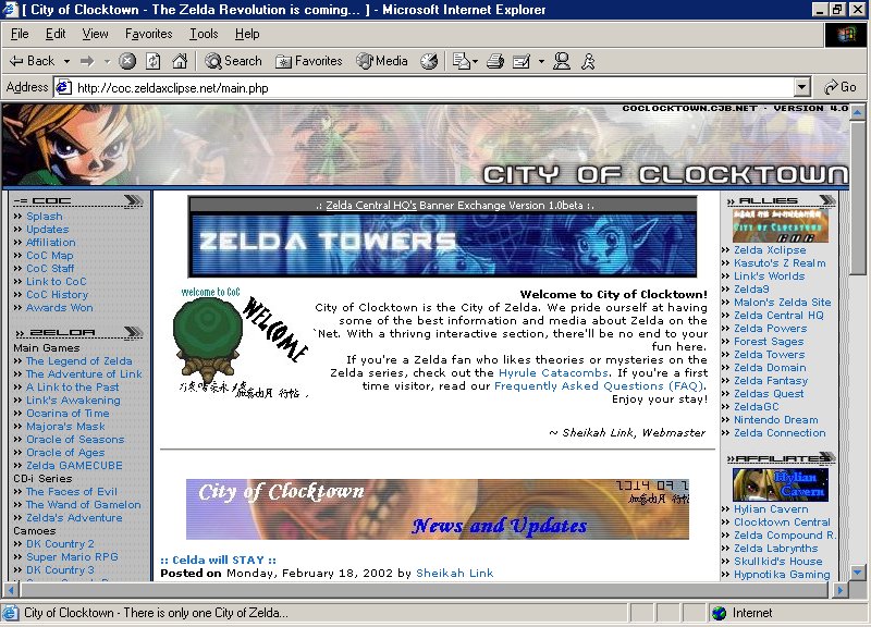 Screenshot of Version 4 of City of Clocktown. A website with a full width masthead image and 2 gray sidebars.