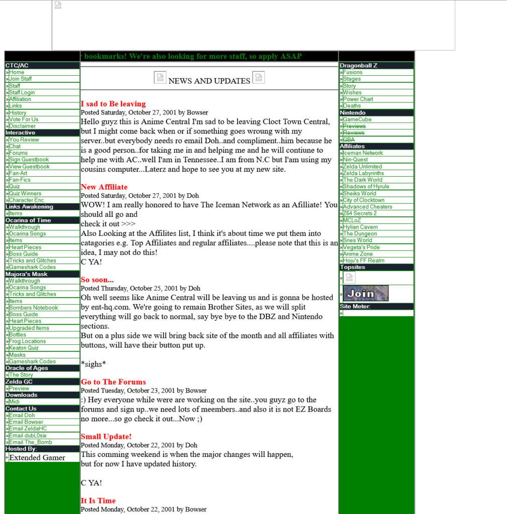 Screenshot of a website with two green columns and a white content area.