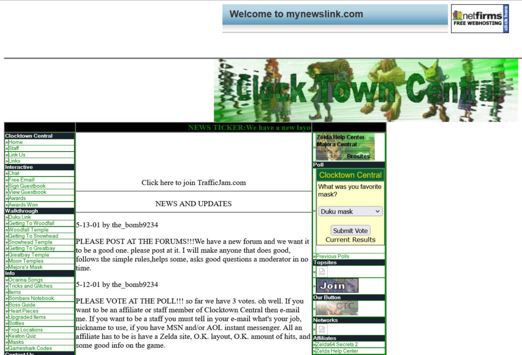 Screenshot of a website with two green columns and a white content area. The heading is off-center due to outdated coding.