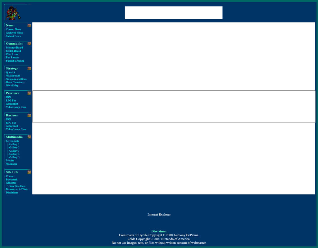 Screenshot of a primarily blue website with a large white empty content area. Official artwork of Skull Kid from Majora's Mask is in the top left corner.