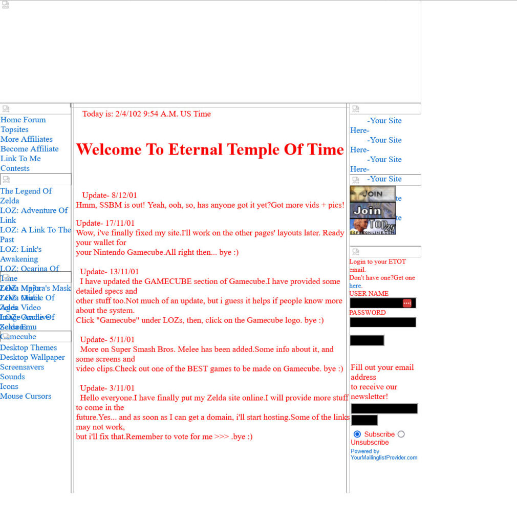 Screenshot of Eternal Temple of Time. A broken website with few working images, and red text on a white background.