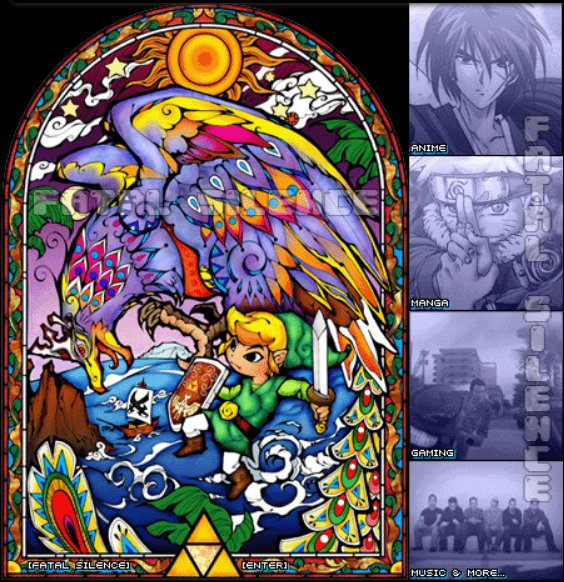 A stained glass style drawing of Link and the Helmaroc King from The Wind Waker. Four other anime and gaming images are on the right side.