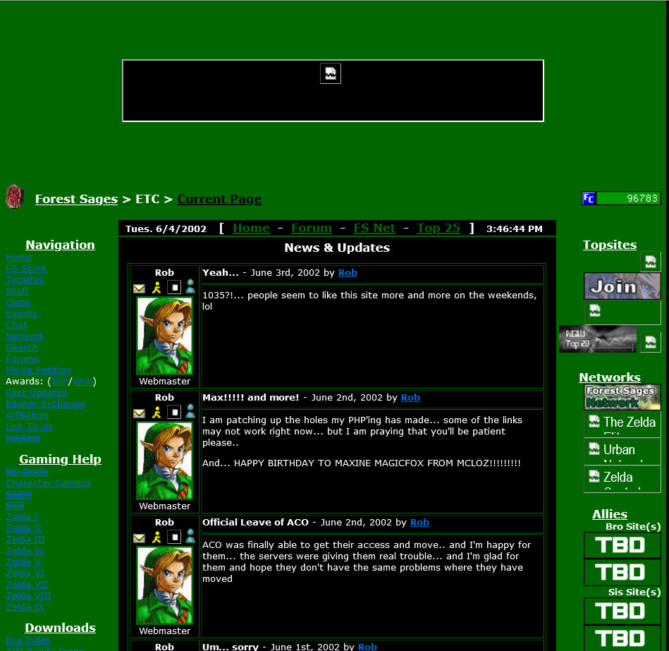 A green website with 2 sidebars and a black content area. Most of the images are missing.