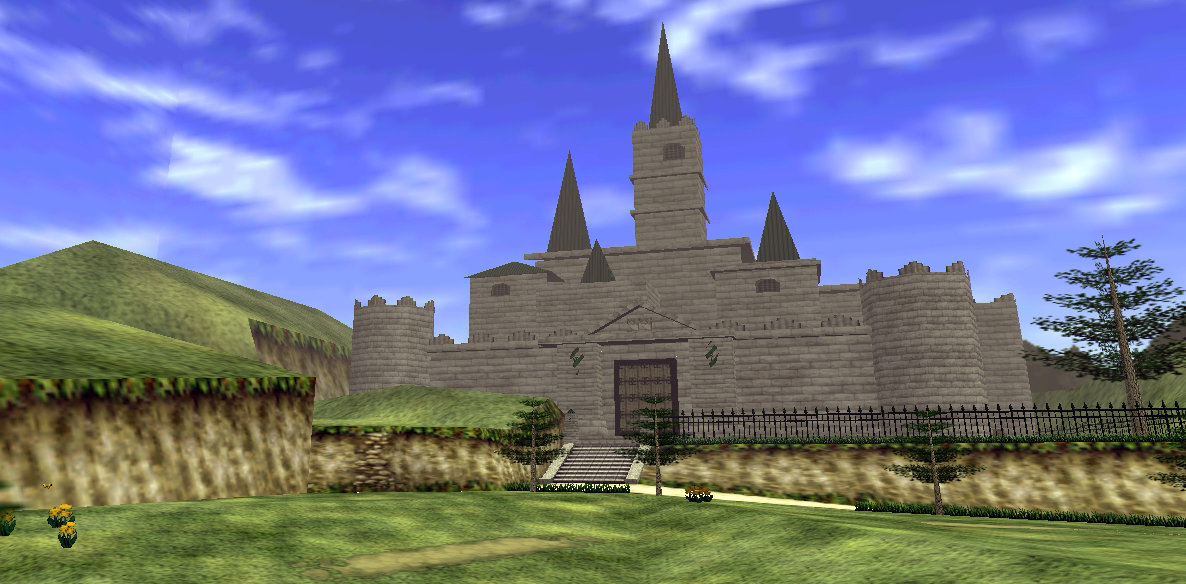 The exterior of Hyrule Castle as it appears in Ocarina of Time.