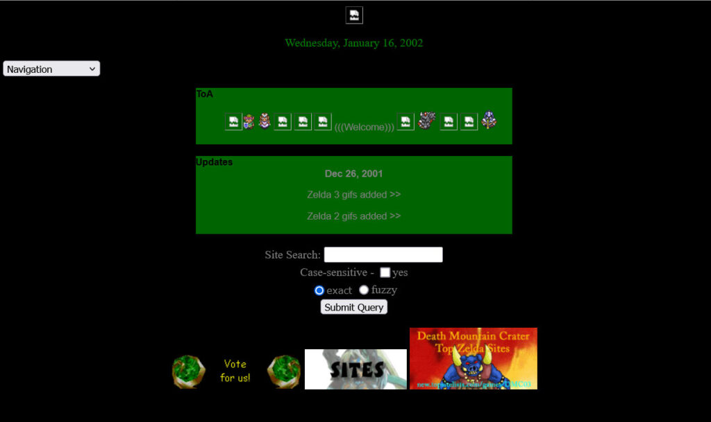 A website with a black background and a green content area.