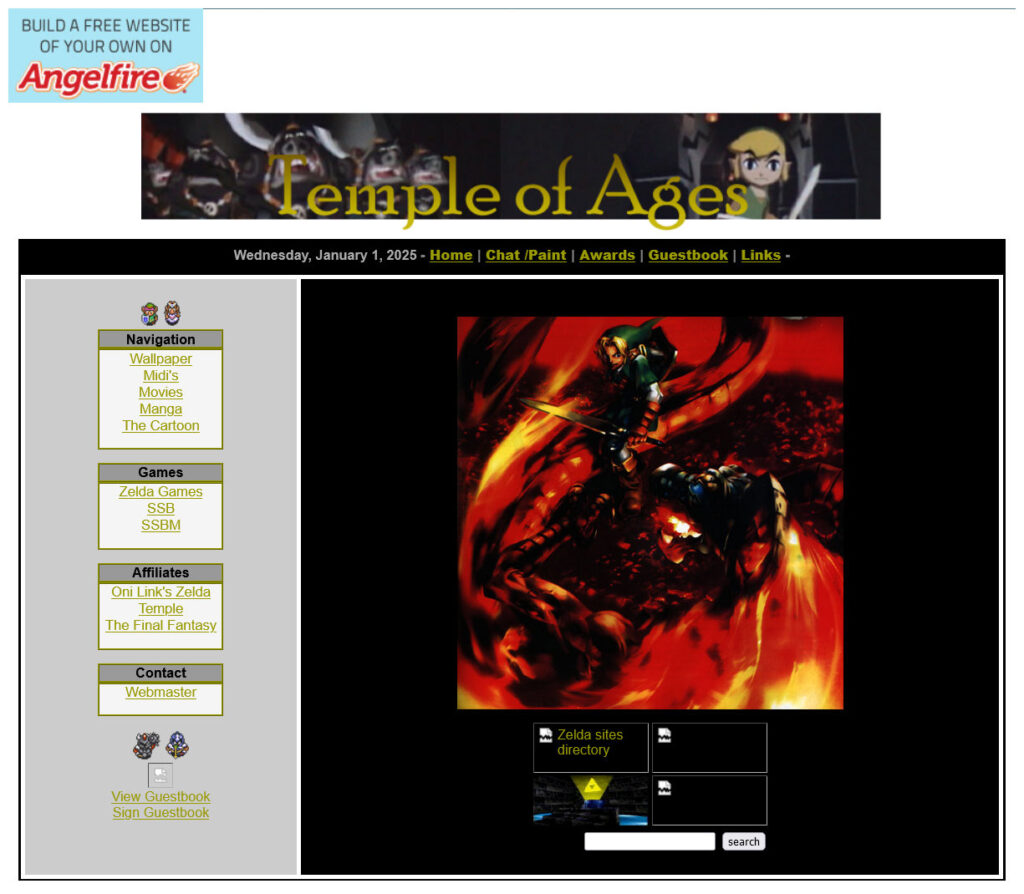 Screenshot of a website with a black background and a single light gray sidebar. The main content area features artwork of Link fighting Volvagia. The website masthead features beta screenshots from The Wind Waker.