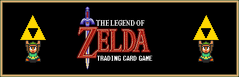 Logo banner for The Legend of Zelda: Trading Card game. A modified version of the A Link to the Past logo with two sprites of Link holding the Triforce beside it.