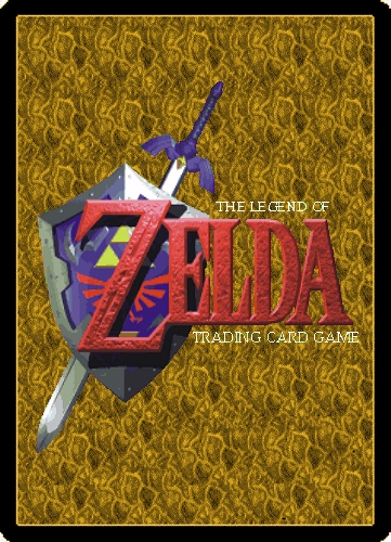 A design for the back of a trading card. A patterned gold background with an Ocarina of Time inspired logo.