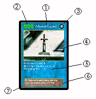 A diagram of a trading card marking the different information for a rule book. The card design features the Master Sword from A LInk to the Past and has a blue background.