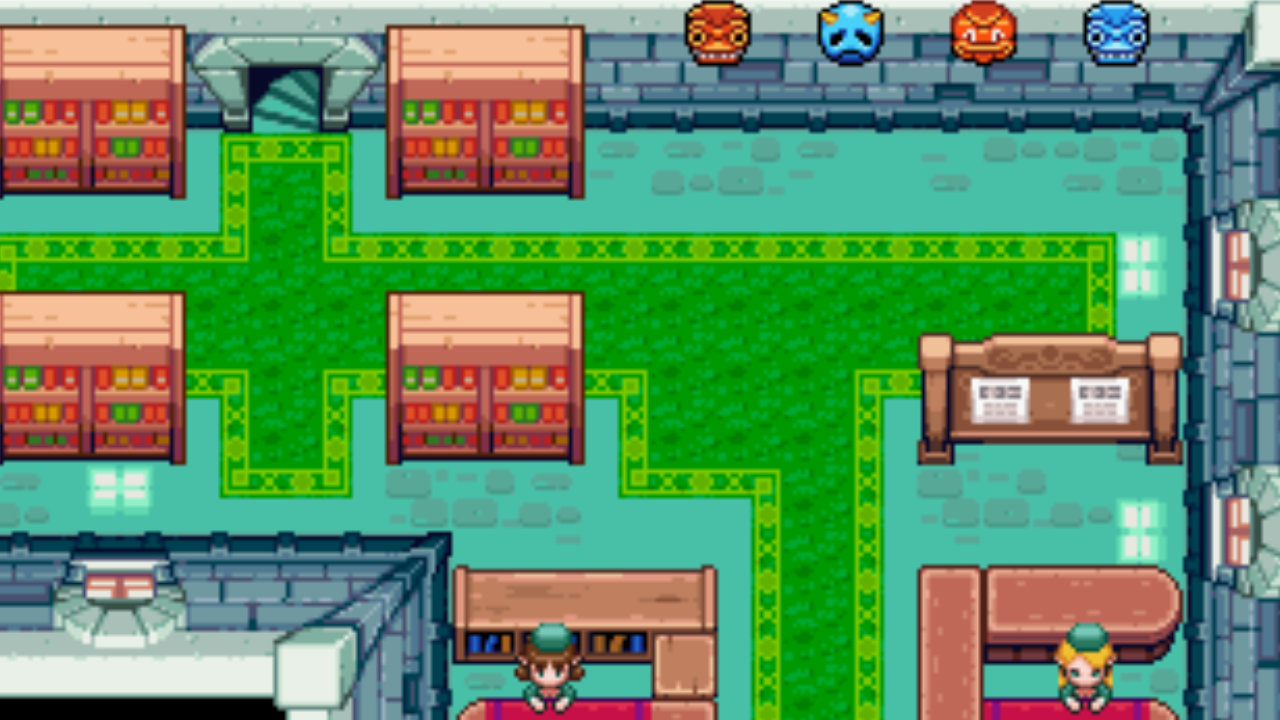 The interior of the Royal Library as it appears in The Minish Cap. The room has four bookcases, a bulletin board, and two reception desks with attendants.