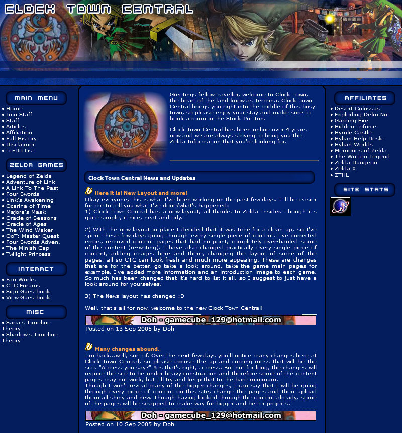 Screenshot of the Zelda Archive mirror of Clock Town Central. A 3-column website with a blue background and white text.