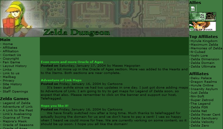 Screenshot of Zelda Dungeon as it appeared in 2004. The website is a 3 column layout with green backgrounds and black text.