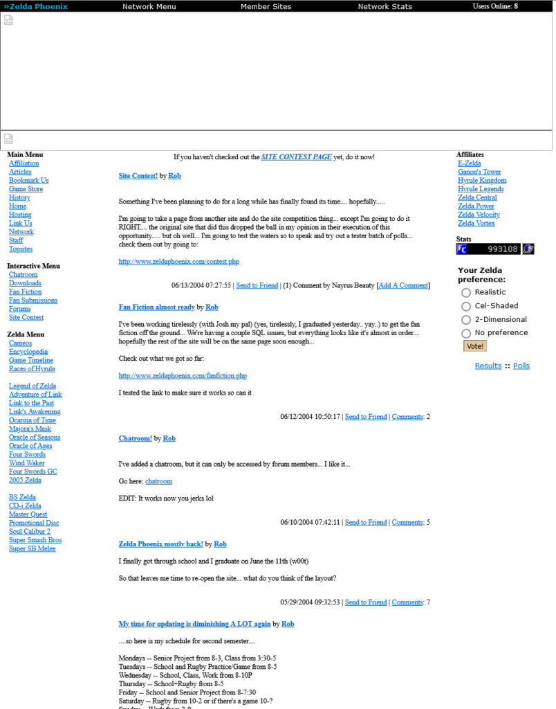 A broken website with a white background, 2 columns of blue links, and black text.